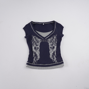 Wing Print Double Layer Patchwork Tight U Neck Crop Tee Contrast Trim Y2K Subculture Vintage <b>Distressed</b> Short Sleeve <b>Top</b> - Product Image 6