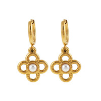 Boucles d'oreilles pendantes en acier inoxydable plaqué or 18 carats, style rétro chinois, trèfle à quatre feuilles, perles, boucles d'oreilles pour femmes, style anniversaire
