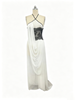 Robe longue asymétrique élégante à dos nu avec patchwork de dentelle, drapée et plissée, sexy, pour femme, idéale pour bal de promo ou invitée de mariage
