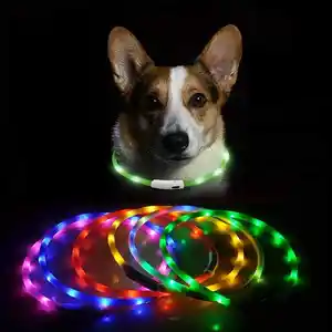 2024 Huisdier Waterdichte Usb Oplaadbare Siliconen Led Hondenhalsband Nacht Veiligheid Flits Glow In Donker Lichtgevende Hond Ketting Dierbenodigdheden