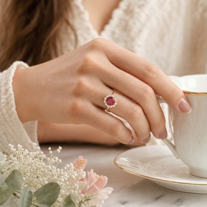 925 Sterling Silver <b>Gold</b> Plated Natural Ruby <b>Ring</b>, Round Cut with Floral Halo and Twisted Rope Shank, <b>Vintage</b> for Her - Product Image 3