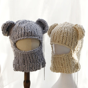 Handmade Dệt Kim Balaclava Với Gấu Tai Cho Mùa Đông Mềm Mại Sang Trọng Dệt Kim Mặt Bìa Mùa Đông Ấm Áp Mũ Và Trượt Tuyết Mặt Nạ Unisex - Product Image 2