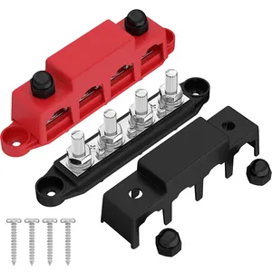 DaierTek Car Bus Bar Power Terminal Blocks 4x 3/8" (M10) Studs DC Bus Bar with Cover Black or Red Housing for Automotive Boat