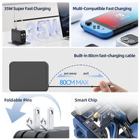 Pengisi daya dinding dapat ditarik PD GaN, adaptor pengisi daya USB C kabel ganda 3 1 US 35W