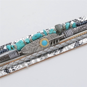 Bracelet en cuir tressé style européen, fermoir magnétique bohème, avec plume antique et turquoise pour femme - Product Image 4
