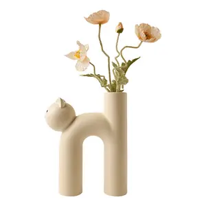 Creative Korean Style Ceramic Vase Cute Tube Type Cat Ceramic Vase Living Room Home Tabletop Decoration Ceramic Vase