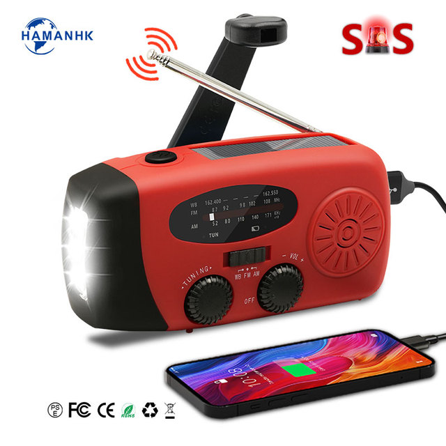 Hand Crank Solar Emergency Portable Radio FM/AM/NOAA Weather Radio with 3 LED Flashlight 2000mah Power Bank Smart Phone Charger