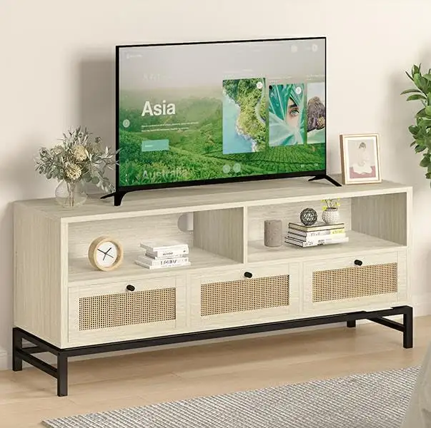 Nouvel arrivage avec 3 tiroirs Meuble de rangement Meuble TV en bois de rotin Pieds en métal chêne naturel pour Meuble TV moderne en bois 65''