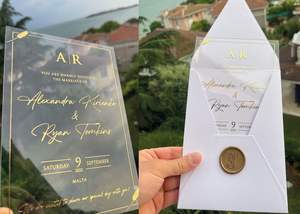 Tarjeta de invitación de boda de acrílico transparente elegante de lujo floral azul cielo Tapa dura única al por mayor con sello de cera - Product Image 3