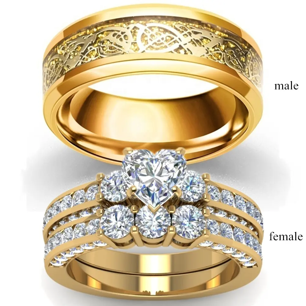 Moda chapado en oro de cristal cuadrado Cubic Zirconia anillos de boda de acero inoxidable conjunto de anillos de pareja