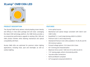 Chip LED COB CREEs Xlamps CMB1306 18V/36V 2200K-6500K Blanco Cálido/Natural/Frío, 13.35x13.35mm, CRI 70/80/90, 119lm/W - Product Image 2