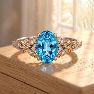 Bague ovale en topaze bleue suisse, argent sterling 925, bague de fiançailles bicolore motif feuille de vigne, bijoux personnalisés en pierres précieuses, fabricant en gros - Product Image 3