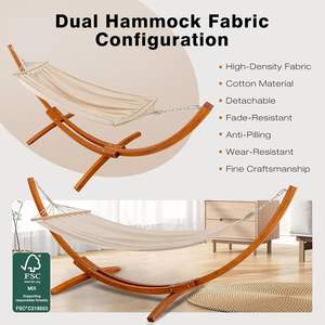 Amaca con telaio con 2 amache 200 kg capacità di carico robusto telaio ad arco in legno massello di pino per giardino Patio e balcone - Product Image 4