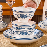 Assiette en porcelaine bleue et blanche, service de table rétro pour la maison, passe au micro-ondes et au lave-vaisselle, vaisselle en céramique de haute qualité