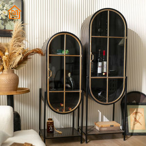 マンバホームアクセントヴィンテージレトロブラックアーチトールメタルキャビネット、棚とリビングルーム用ガラスドア付き - Product Image 2