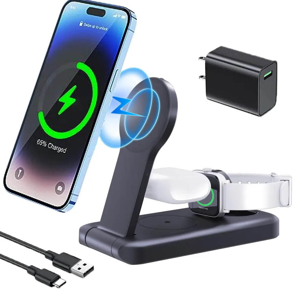 Cargador inalámbrico universal qi para teléfono móvil, cargador magnético 3 en 1, 15w, plegable, para iPhone