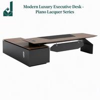 Bureau de direction ergonomique en forme de L de luxe moderne, plateau en placage de noyer, pieds laqués piano, armoire latérale, respectueux de l'environnement