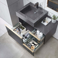 Meuble de salle de bain de luxe vert foncé à fixation murale avec dessus en pierre frittée, 1 porte, 2 tiroirs et vitrine latérale pour la rénovation de maisons et d'hôtels