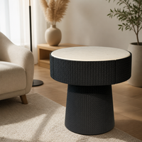 Moderner Nachttisch mit Gesinterter Steinplatte Weißer Marmor Geflochtenes Leder 1 Schublade Sockel Soft-Close Grifflos für Schlafzimmer