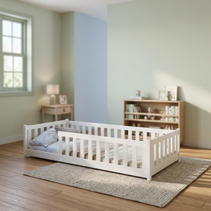 Pindel Handicraft Modern White Pine Wooden <b>Platform</b> <b>Bed</b> Twin Size Solid Wood <b>Frame</b> Kids Floor <b>Bed</b> Safety Rails Scandinavian - Product Image 3