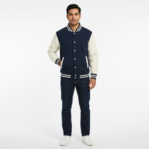 Blouson Bomber Varsity Style Décontracté à Motif Imprimé Grande Taille Coupe-Vent Corps en Laine Manches en Cuir Véritable Blouson Varsity Letterman - Product Image 1