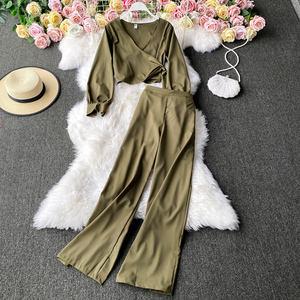 Spring Autumn Two Piece <span class=keywords><strong>Outfits</strong></span>ためWomen Long Sleeve Blouse Shirt + High Waist Wide Leg Flares Pants Elegant Korean Sets 4E168 - Product Image 2