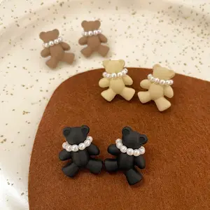 Vintage Imitation Pearl Little Bear Stud Earrings for Women Girls Brown Cartoon Cute Earring Korean Style Jewelry Gifts