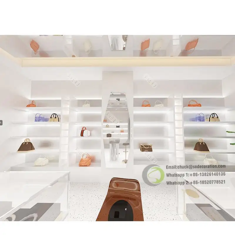 Gabinete de exhibición de muebles de madera y metal MDF personalizado con luz LED para ropa gabinete de exhibición de bolsa de zapatos de moda