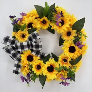 Couronne de tournesols artificielle pour décoration murale, <span class=keywords><strong>porte</strong></span> et fenêtre, avec nœud décoratif - Product Image 1
