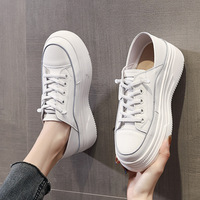 Baskets compensées épaisses pour femme, en cuir véritable, à lacets et surpiqûres contrastées, style décontracté, à porter de deux façons, blanches