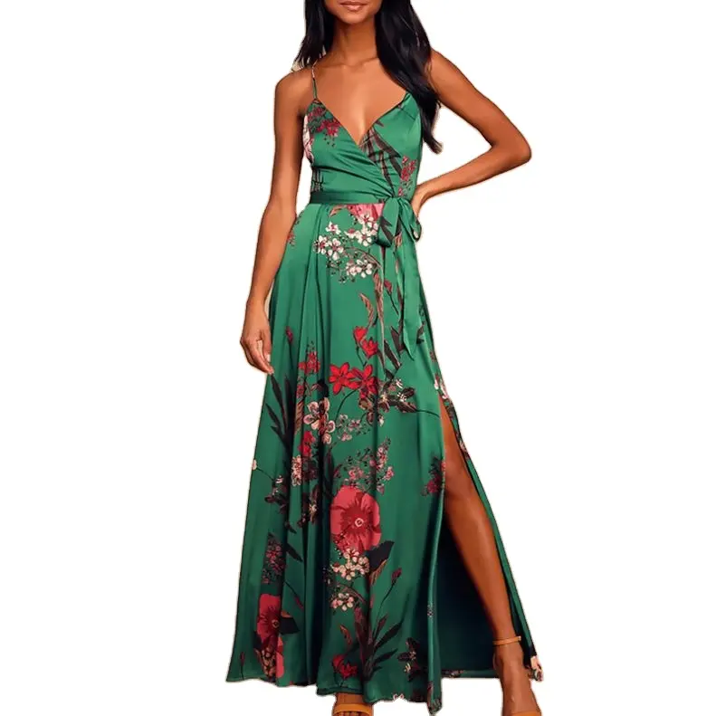 Damen langes Maxikleid 2024 Sommer blumendruck Boho-Stil Strandkleid lässig Kurzarm Bandage Partykleid Vestidos Plus-Größe
