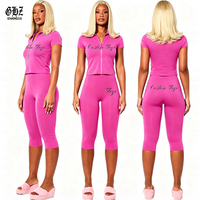 Y2K Custom Logo Dameskleding Korte Mouwen Hoge Hals Ritsjas en Logo Capri Leggings Cheetah Loungewear Luipaard Tweedelig Set