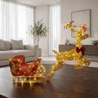 Ensemble de rennes et de traîneau 3D pré-éclairés à LED blanc chaud doré, pliable, en fil métallique, étanche IP44, commande manuelle, pour extérieur, pelouse de Noël