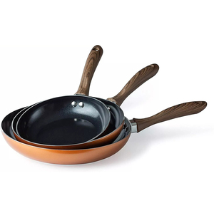 Ensemble de poêles à frire antiadhésives en cuivre avec manche en bois, rondes, pour cuisinières à gaz et à induction - Product Image 1