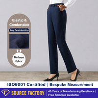 Pantalon de bureau pour femme, bleu saphir, coupe droite, taille mi-haute, poches obliques, taille élastique au dos, extensible, personnalisé pour l'hôtellerie