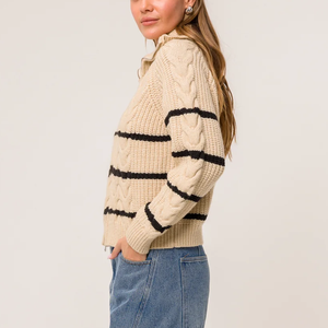 Suéter de <span class=keywords><strong>punto</strong></span> con cremallera y rayas Beige para <span class=keywords><strong>mujer</strong></span> <span class=keywords><strong>Chaqueta</strong></span> de <span class=keywords><strong>punto</strong></span> recortada para moda informal Retro - Product Image 3