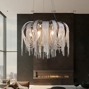 Lampadario di Lusso PM con Catena in Alluminio e Nappe, Design Nordico, Lampada a Sospensione Rotonda Argento per Villa, Soggiorno e Sala da Pranzo - Product Image 1