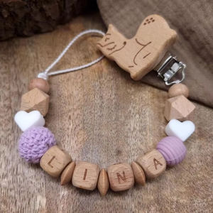 Llaveros Personalizados, Palabras Personalizadas, <span class=keywords><strong>Nombre</strong></span>, Cuentas de Corazones de Silicona, Bola de Ganchillo, Chupete de Madera Original, Regalos de Cumpleaños para Bebé - Product Image 1