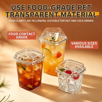 Gobelets carrés en PET de qualité alimentaire à paroi simple, avec couvercles transparents, élégants contenants jetables pour jus et café