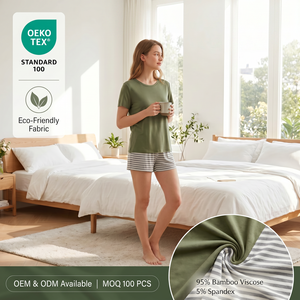 <span class=keywords><strong>Pijamas</strong></span> de Bambú de Manga Corta Personalizadas OEM para Mujer, Pantalones Cortos a Rayas, Conjunto de 2 Piezas, Ropa de Dormir de Viscosa Súper Suave - Product Image 1
