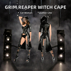 <span class=keywords><strong>Costume</strong></span> da Strega in Ecopelle Nera con Mantello Lungo per Halloween e Festival dei Fantasmi, Taglie Forti - Product Image 2