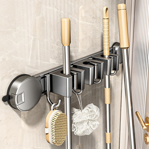 Suction Cup <b>Mop</b> Clip Stainless Steel <b>Wall</b> Mounted Bathroom Storage Rack Multifunctional Organizer For Broom And Cleaning Tools - Product Image 1