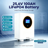 Batterie LiFePO4 25,6 V 100 Ah Dernière Version avec Écran LCD, 8000 Cycles pour Système Solaire, Onduleur (UPS), EPS, Stockage d'Énergie