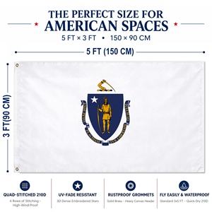 Drapeau de l'État du Massachusetts, États-Unis, 3x5 pieds, personnalisé en usine, brodé et cousu, en toile de nylon 210D robuste avec œillets en laiton - Product Image 2