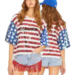 WINGTU 사용자 정의 로고 여름 독립 기념일 반 소매 티셔츠 파티 미국 빛나는 별 줄무늬 스팽글 티셔츠 여성용