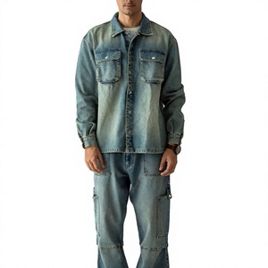 Wholesale Custom Embroidery <b>Print</b> Men's Shirts Jeans Denim Work Shirts <b>Stand</b> Up Collar Button Down Long Sleeve Mens Denim Shirts - Product Image 1