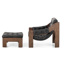Fauteuil inclinable rétro nordique en chêne avec assise en cuir noir pour salon, chambre moderne, ou club