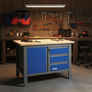 Kit d'assemblage d'établi industriel Fervi 120x60 avec plateau en bois, armoire à 3 tiroirs, capacité de charge de 300 kg, garantie de 3 ans, verrouillage à clé - Product Image 2