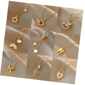 Kalung modis tren grosir buatan Tiongkok kalung emas baja tahan karat perhiasan wanita campuran banyak/