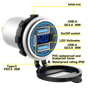 Tùy chỉnh nhúng chuyển đổi vôn kế kỹ thuật số đựng QC 3.0 <span class=keywords><strong>USB</strong></span>-A pd3.0 Loại C Cổng <span class=keywords><strong>USB</strong></span> 12V 24V cổng <span class=keywords><strong>USB</strong></span> sạc ổ cắm - Product Image 4